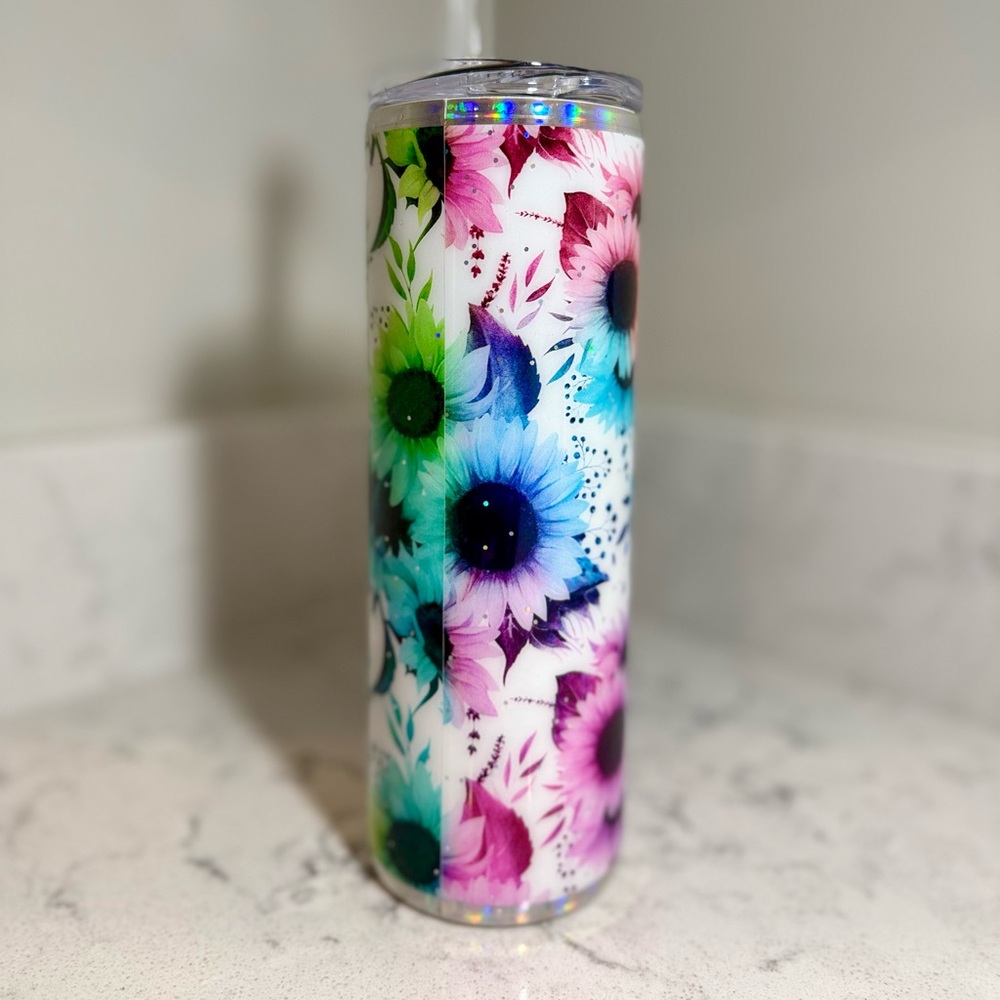 NEW-Handmade Epoxy 20oz Tumbler Bright Rainbow Daisys - Picture 4 of 7